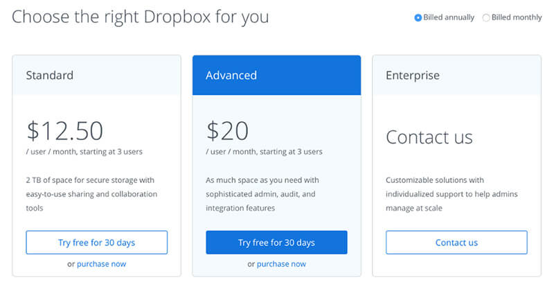 Dropbox-Business-pricing-tiers