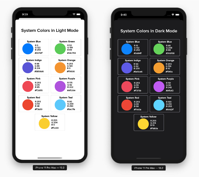 system colors in light and dark mode